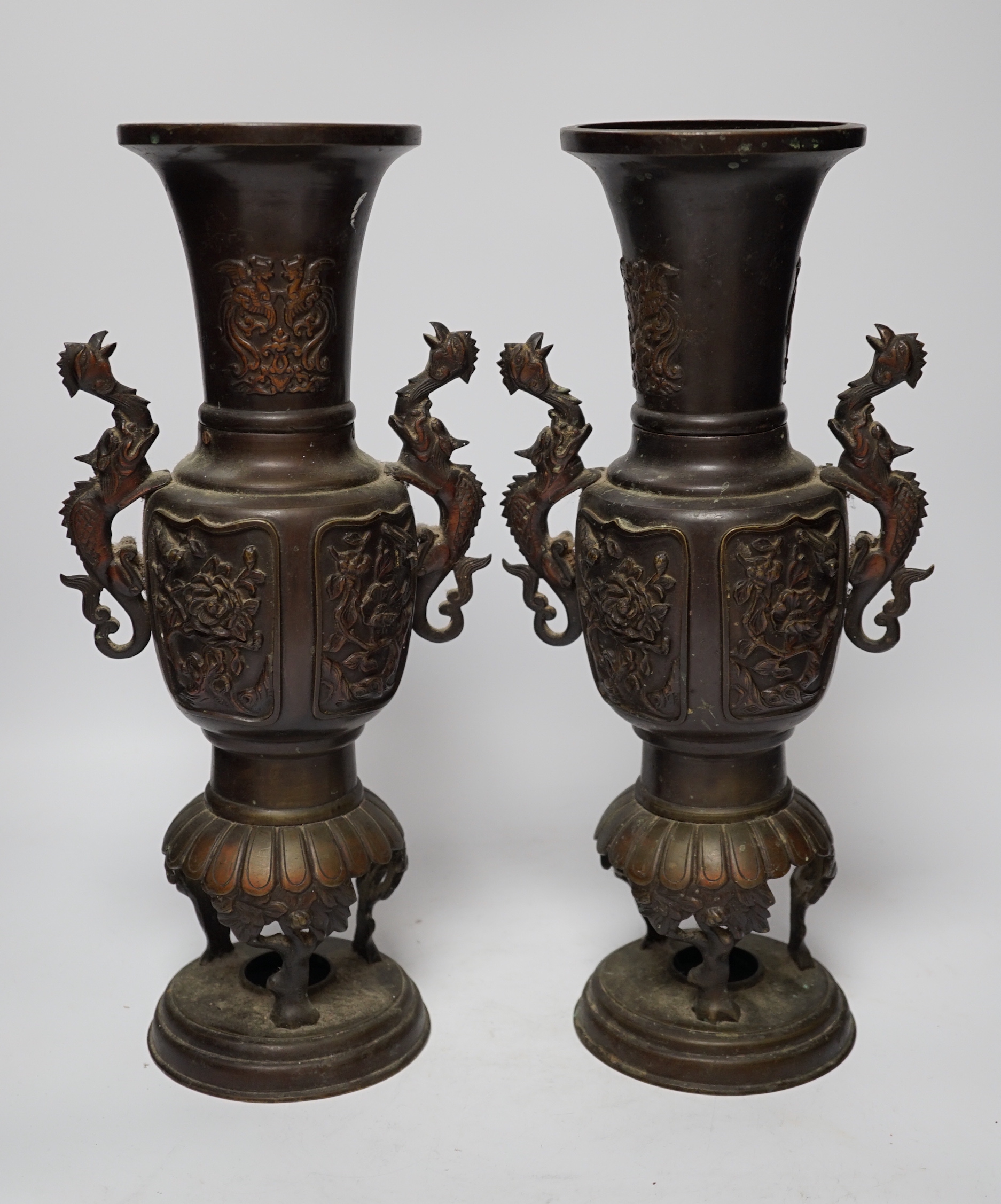 A pair of bronze Japanese vases and two Chinese scroll pictures, vases 35.5cm high